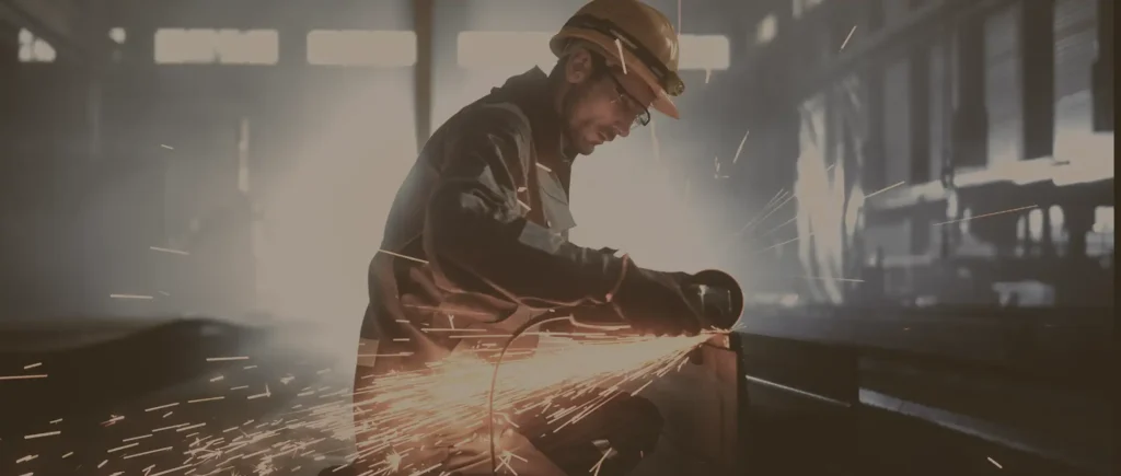 Man in plant using a sander with sparks, highlighting commercial insurance for industrial risks.