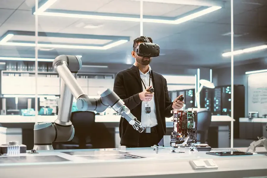 VR user with robotic arm, symbolizing tech insurance solutions.