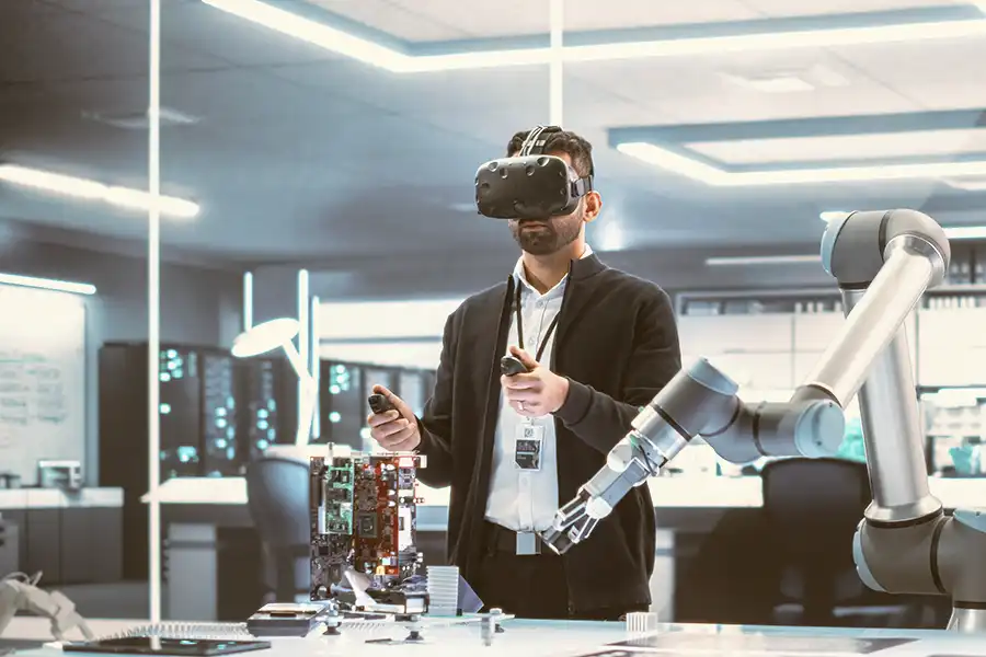 VR user with robotic arm, symbolizing advanced tech and high-risk coverage.
